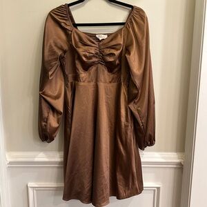 Listicle Long Sleeve Brown Satin Dress
